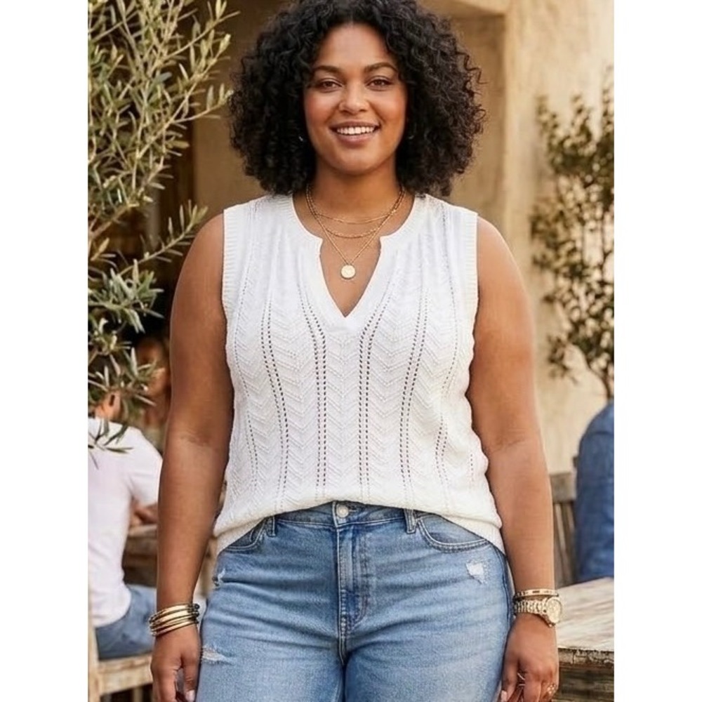 Loft White Cotton Pointelle Knit Sleeveless Sweater Shell Split V-Neck XL NWT